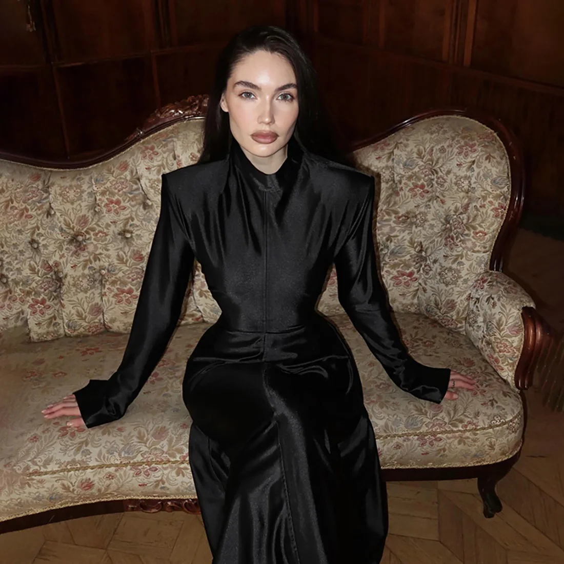 Chic Black A-line Maxi Party Dress Women Elegant Turtleneck Full Sleeve Slim Shiny Prom Birthday Outfits Long Robe Streetwear