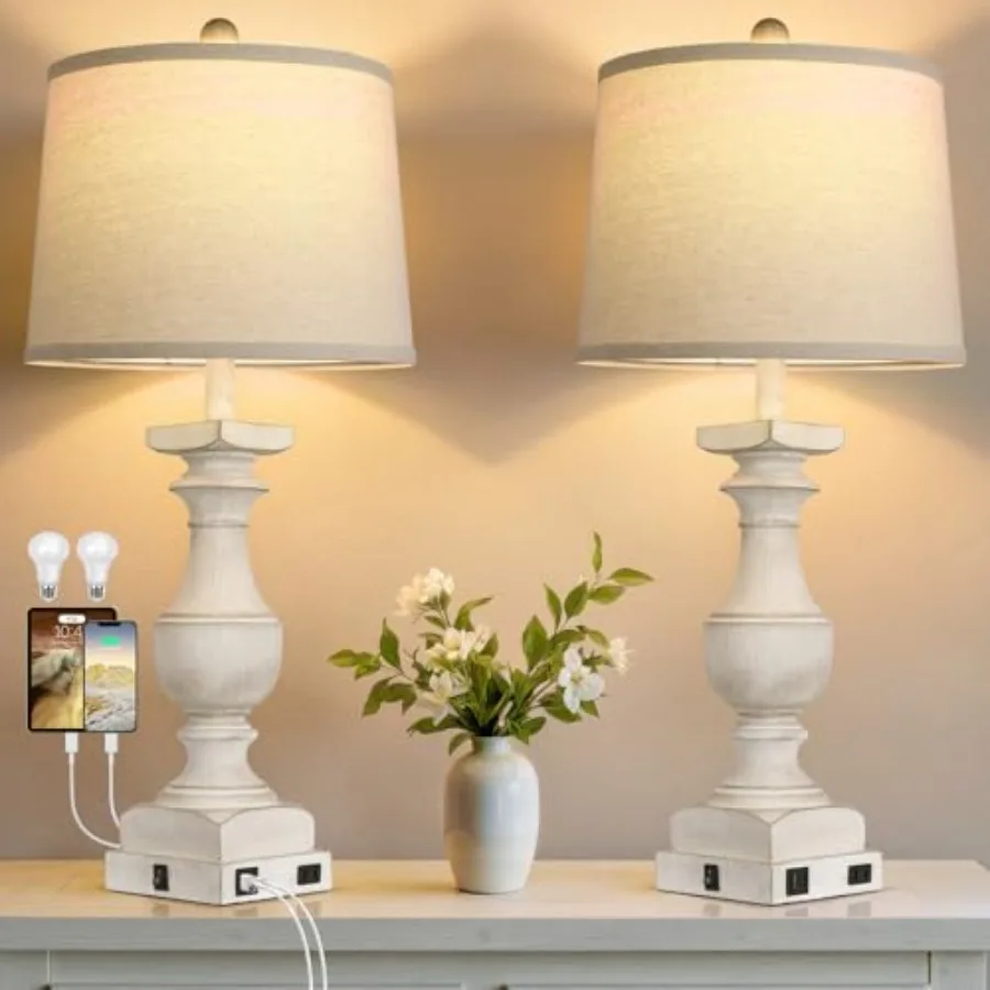 28'' Table Lamp for Bedroom Nightstand Vintage Bedside Lamp with USB A+C Port Farmhouse Desk Lamp with Linen Shade Set of 2 Tra