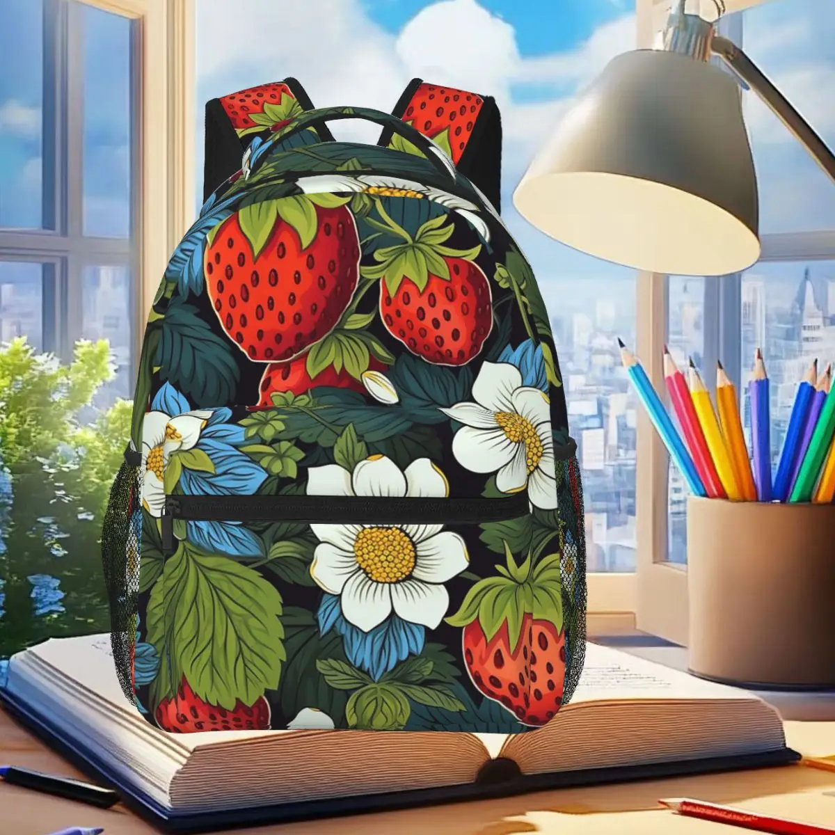 

Fresh Strawberry Floral Pattern Backpack Student Boys Girls BookBag Children School Bag Laptop Shoulder Bags for Men Women