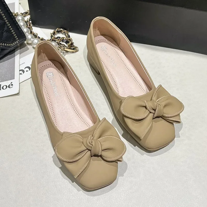 Doudou shoes women's spring bow soft sole medium heel small fragrant wind thick heel single shoes women's shoes