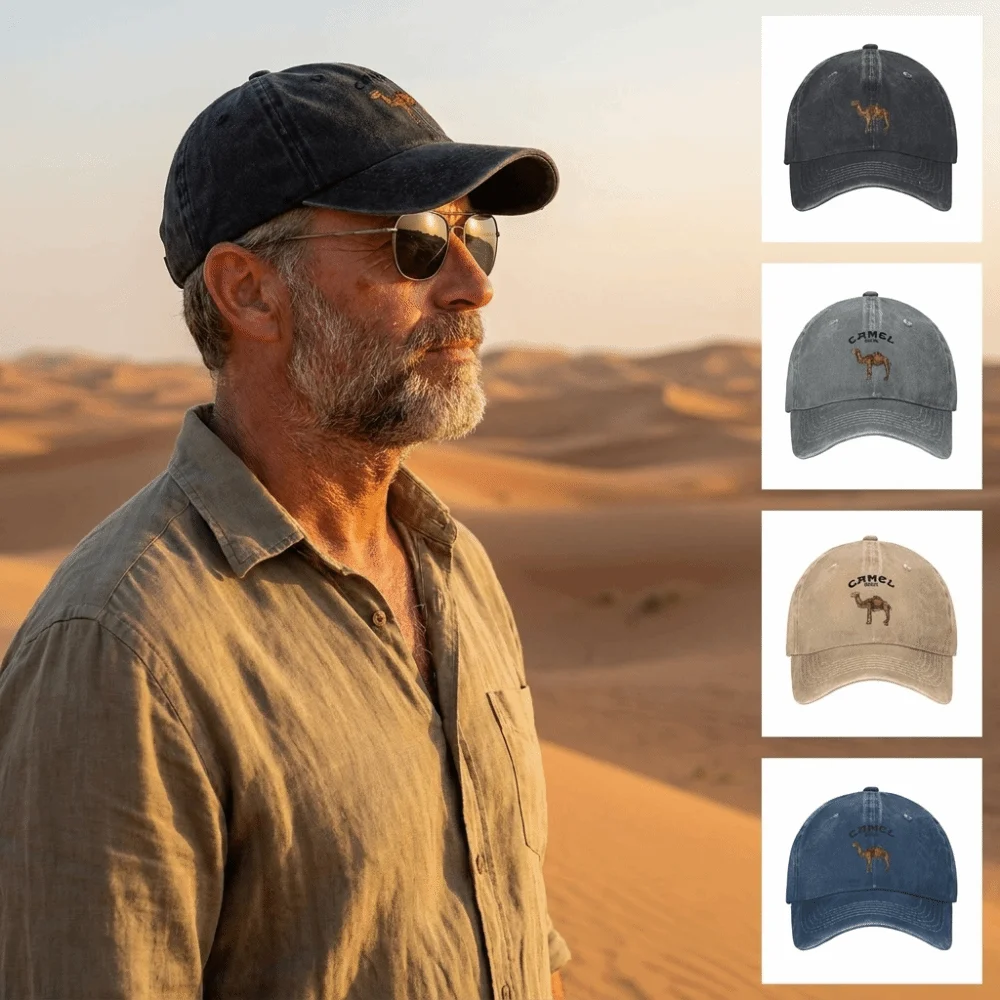 Vintage Adjustable Camel Print Baseball Cap Breathable Sun Protection Dad Hat Curved Brim Washed Cotton Cap For Men Women