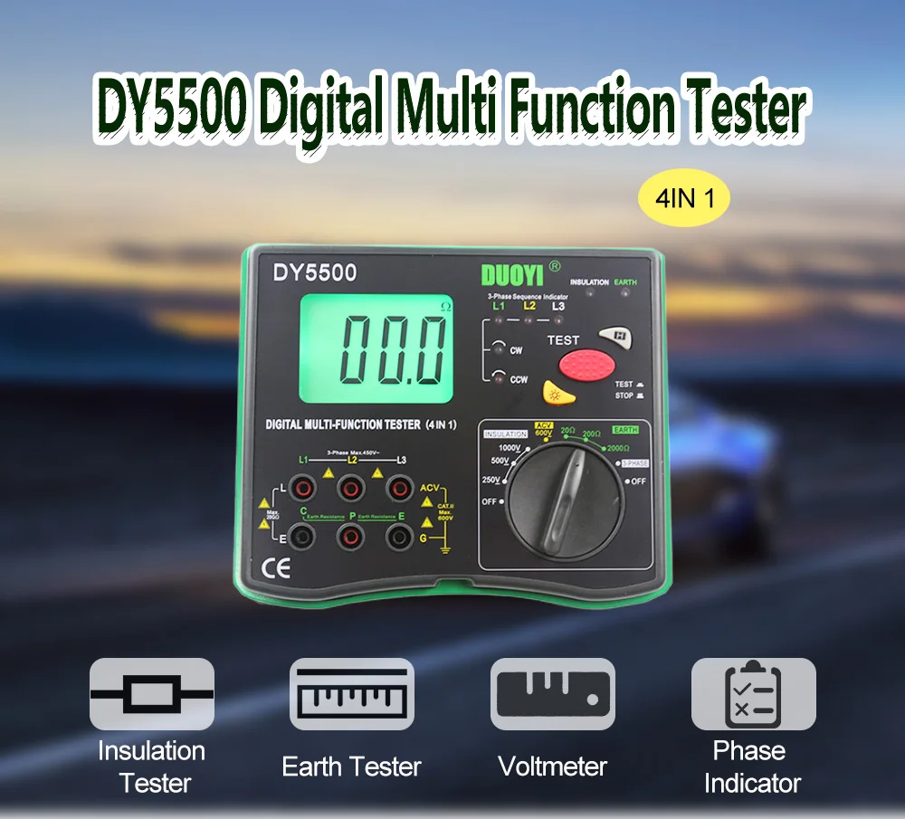 Electrician DUOYI DY5500 4 in 1 Digital Multi-function Multimeter-Insulation Earth Tester 0.01ohm to 2000ohms Voltmeter Phase