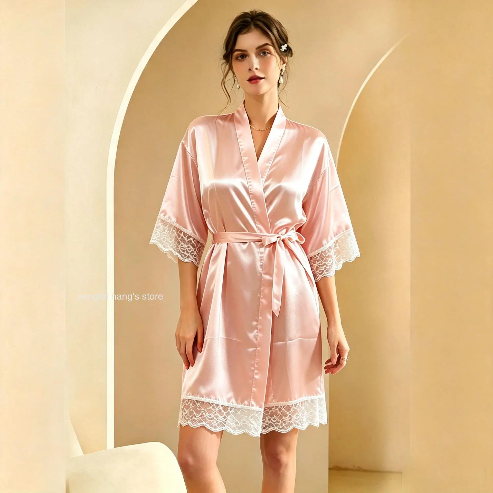 Women Bridal Morning Robe Silky Satin Lace Trim Kimono Robe for Bride Bridesmaid Wedding Photoshoot Dressing Gown Sleepwear