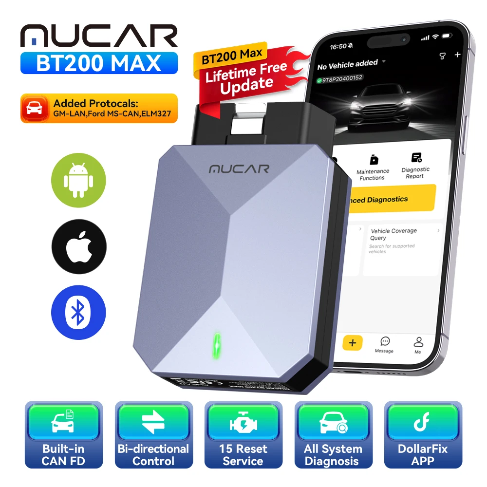 MUCAR BT200 MAX Scanner OBD2, outils de diagnostic complets du système, 15 réinitialisations, mise à jour gratuite à vie, contrôle bidirectionnel CANFD, outils de diagnostic