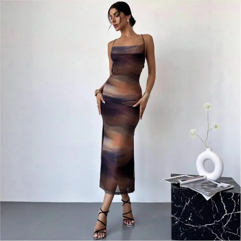 

New Women's Long Dresses 2026 Summer Slim Fit Strapless Strap Square Neck Bodycon Fashion Elegant Female Sexy Mesh Casual Dress