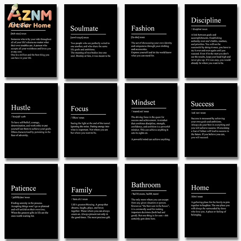 AZNM Toile murale minimaliste noire avec définitions de mots, impression de texte motivante sur le thème de l'âme sœur, du succès et de la famille, toile non encadrée