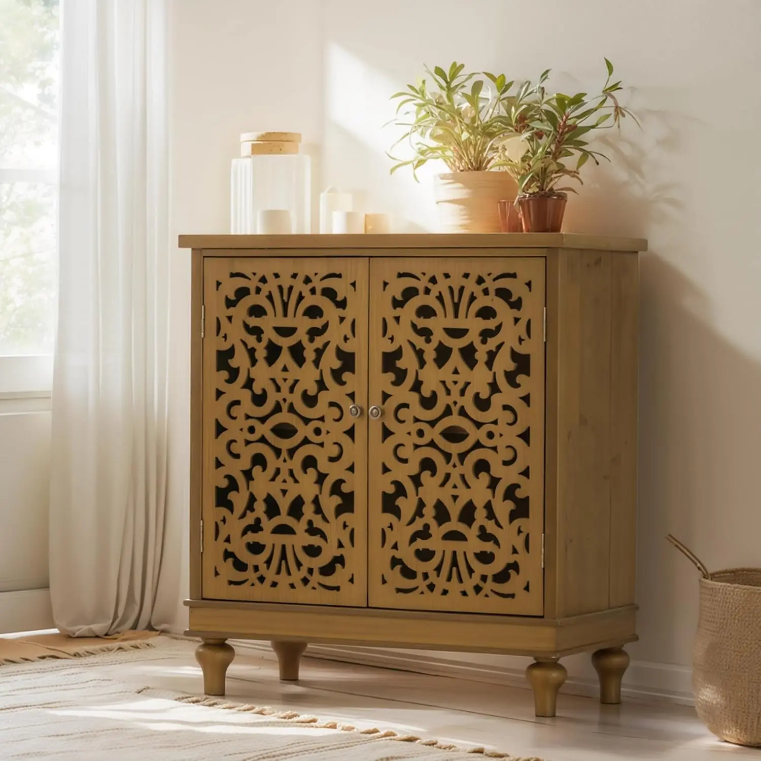 Home cabinets, worn-out storage cabinets with wooden frames, and hollow flower doors in the entrance living room