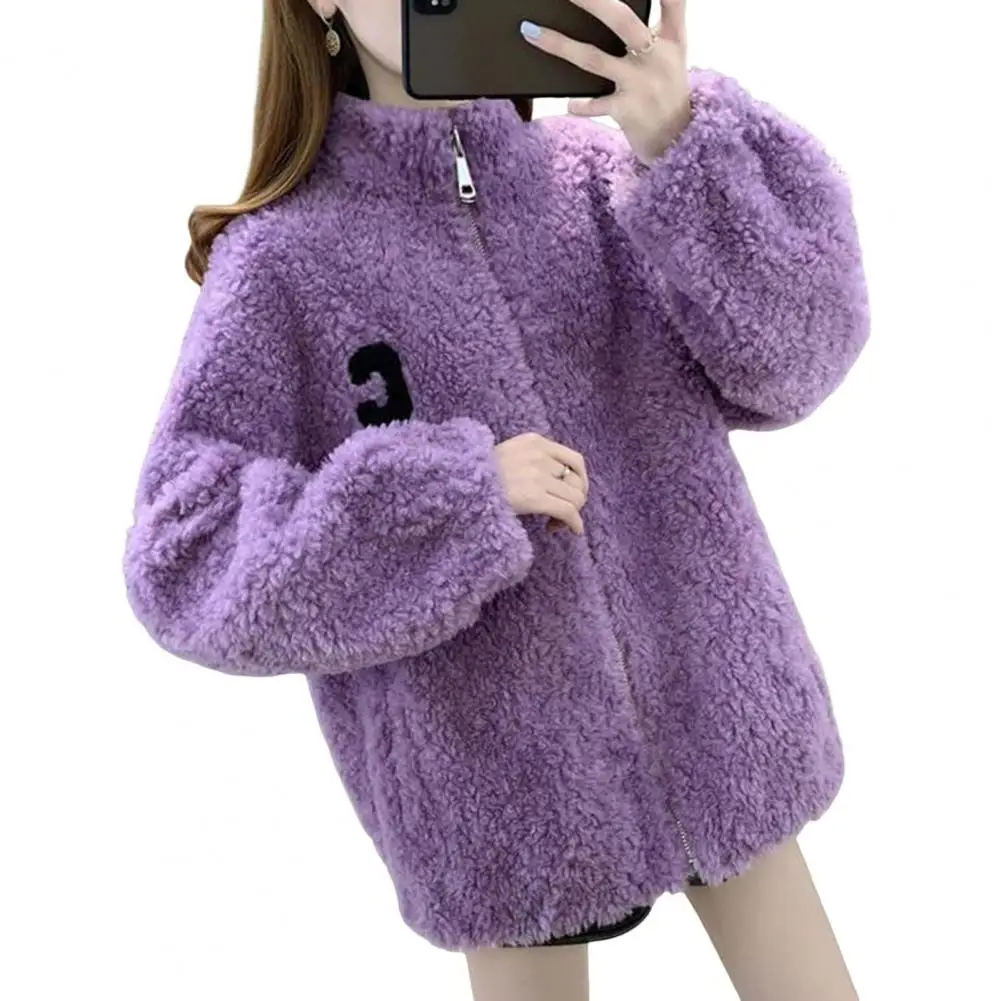 Korean Faux Fleece Women Winter Coat Thickened Double-sided Stand Collar Letter Decor Long Sleeves Warm Outdoor Travel Jacket