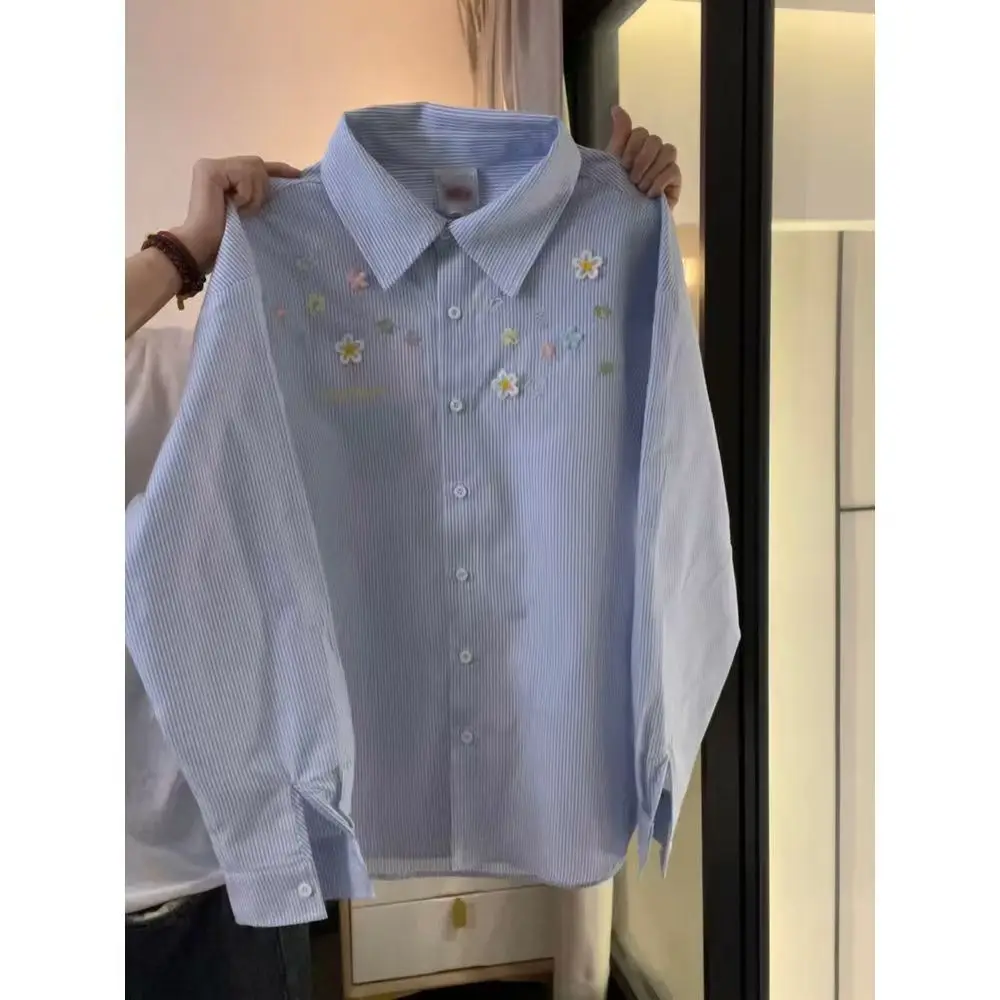 

Свободные повседневные полосатые рубашки с цветочной вышивкой, женская блузка с длинным рукавом, рубашки на пуговицах с лацканами, корейские топы, весна 2026