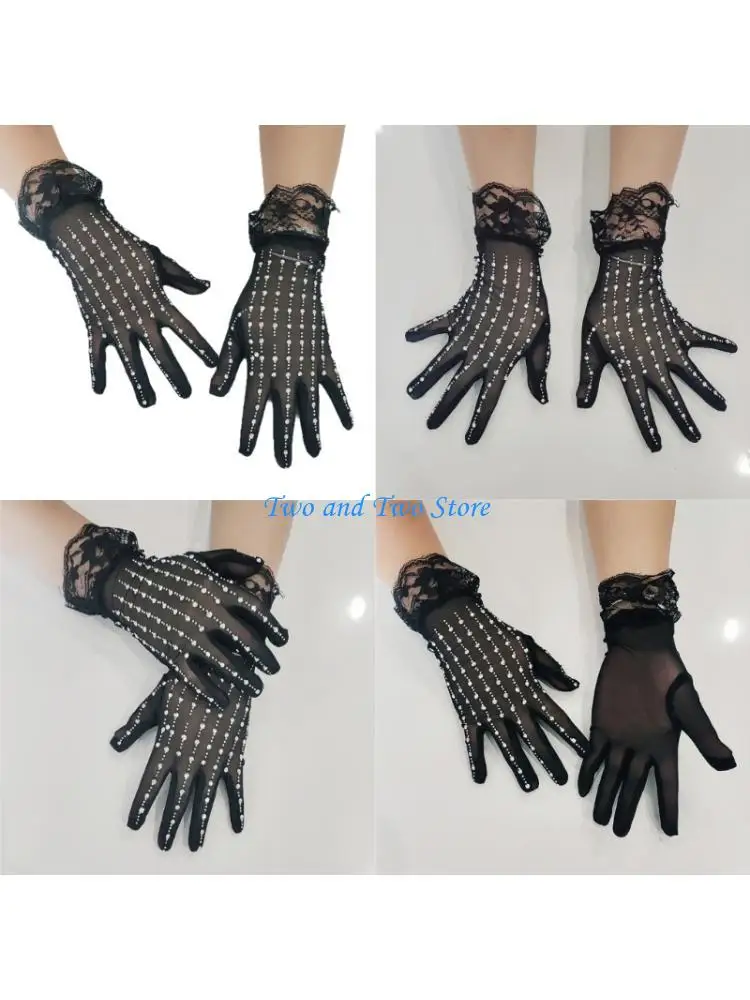 HX6F Stretchable Proms Gloves Adorned With Intricate Lace Patterns And Shimmering Rhinestones Accents