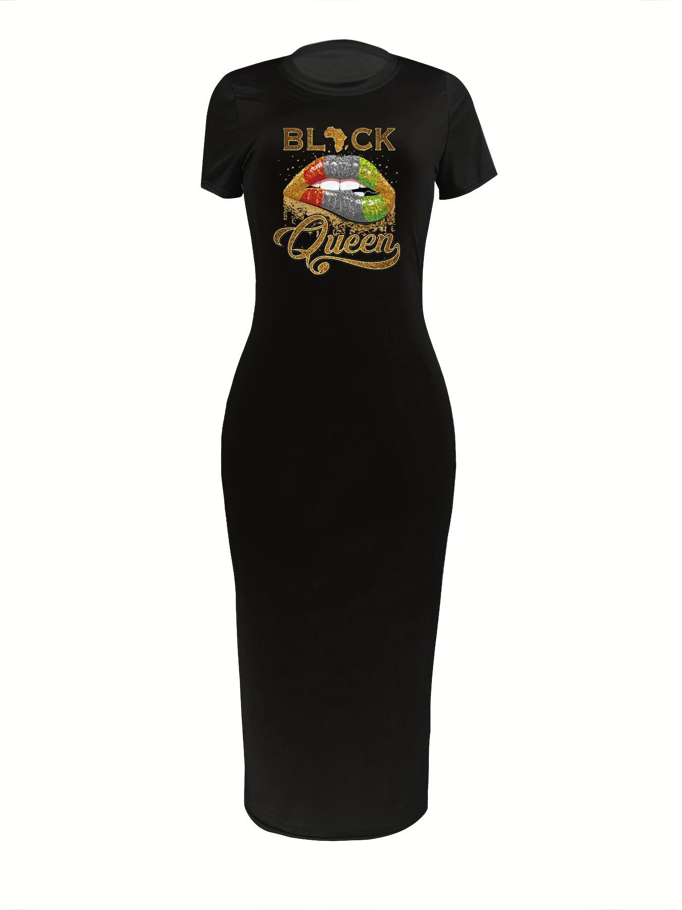 夏黒のセクシーなドレスの女性のブラッククイーンプリントカジュアルスリムフィットノースリーブラウンドネック Tシャツミニドレス