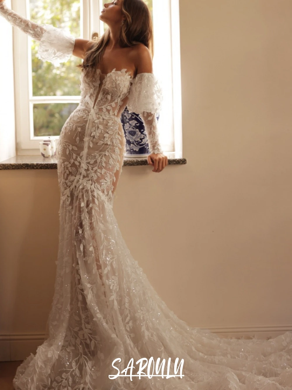 

Illusion Leaf Appliques Dazzling Wedding Dress Dreamy Off Shoulder Mermaid Women Customized Fashion Sweetheart Neck Bridal Gown