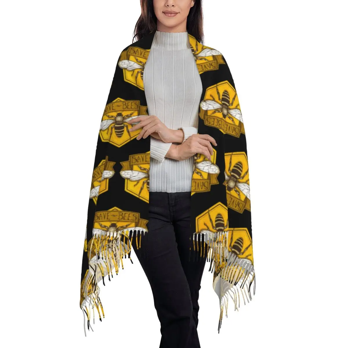 Save The Bees Printed Scarf Tassel Scarves for Women Soft Warm Shawls and Wraps Long Fall Winter Shawl Wrap