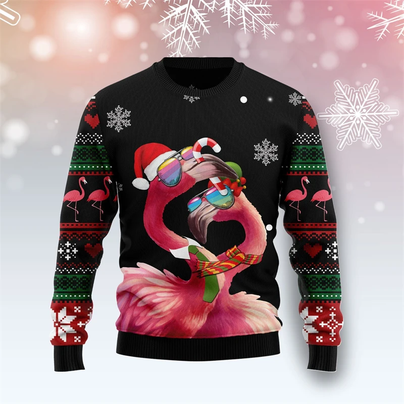 Pink Flamingo Christmas Ugly Sweatshirt Women Fashion Trendy Crewneck Sweatshirts 3D Printed Funny Lovely Animal Xmas Hoodie