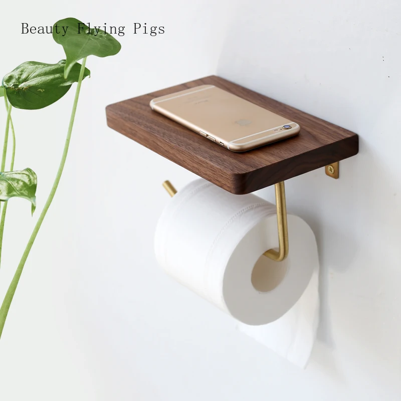 Solid Wood Toilet Tissue Holder Metal Hanging Rod Toilet Accessories Bathroom Mobile Phone Storage Rack Punching Installation