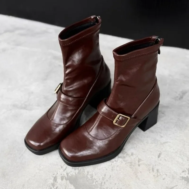 Fashion Skinny Back Zip Mid-leg Boots Square Toe Metal Buckle Waterproof Block Heel Shoes for Women
