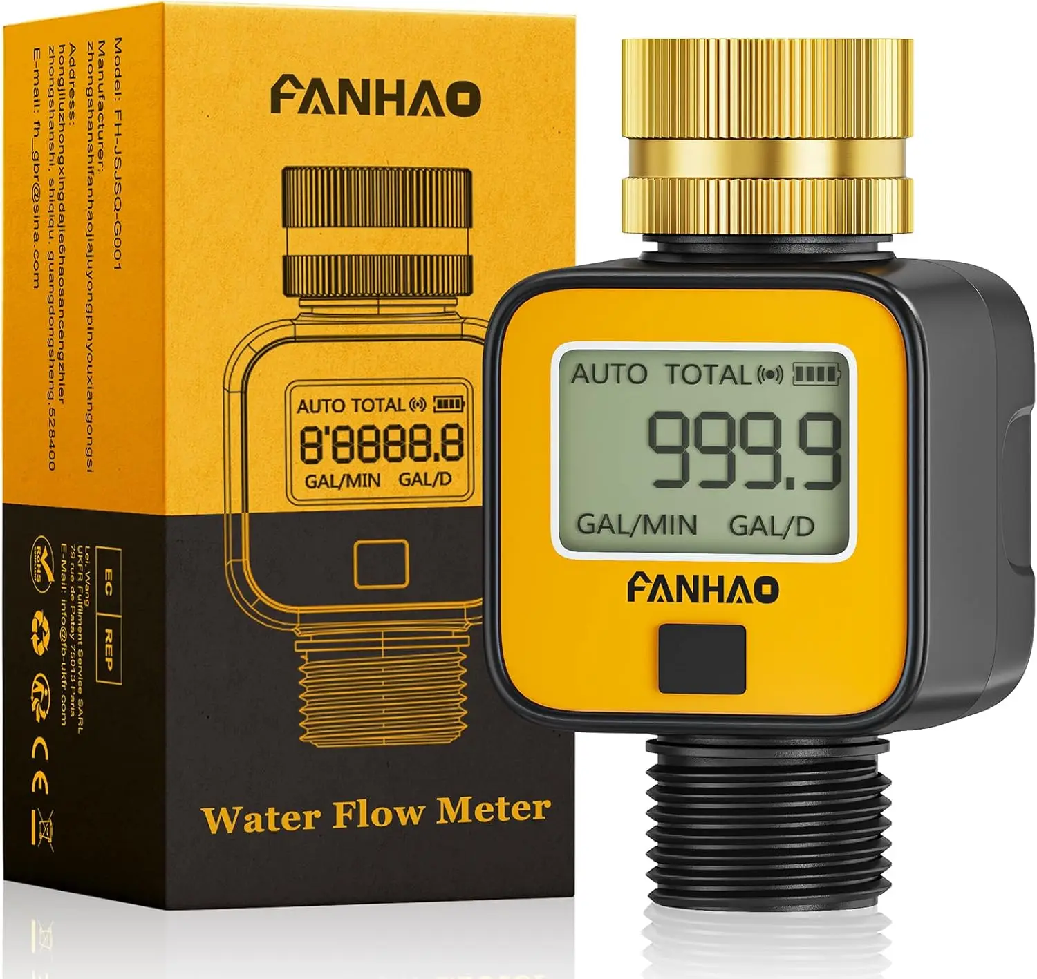 

Brass Inlet Water Flow Meter, Accurate Gallon/Liter Flow Rate Monitor, IPX6 Waterproof for Garden Hose & RV Use