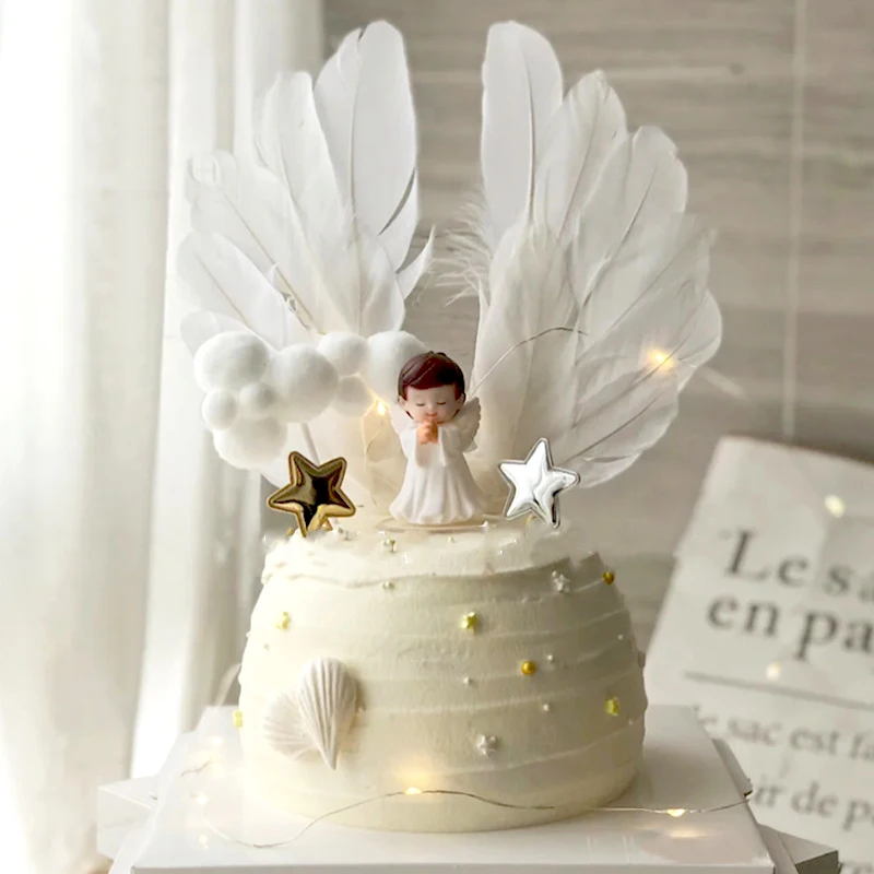 1pc Cute Angel Wing Feather Cake Topper For Baby Shower Kids Birthday Party Decoration Supplies Wedding Dessert Cake Decor Tools