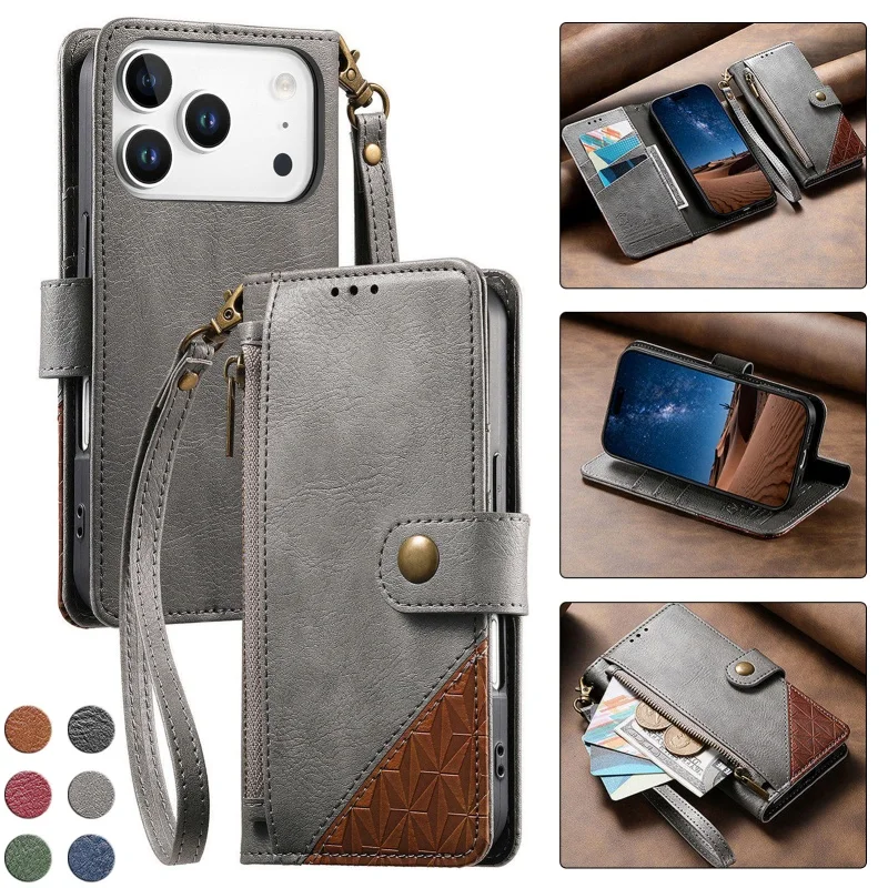 

Retro Leather Zipper Wallet Phone Case For iPhone 17 Air 17E 16E 16 Pro Max 15 Plus 14 13 12 Strap Card Holder Cover Hoesje Bag