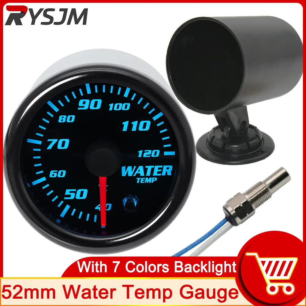 HD 7 Colors Backlight 52mm Car Water Temperature Gauge 40-120℃ with Water Temp Sensor Auto Accessories Automobiles Parts Tools