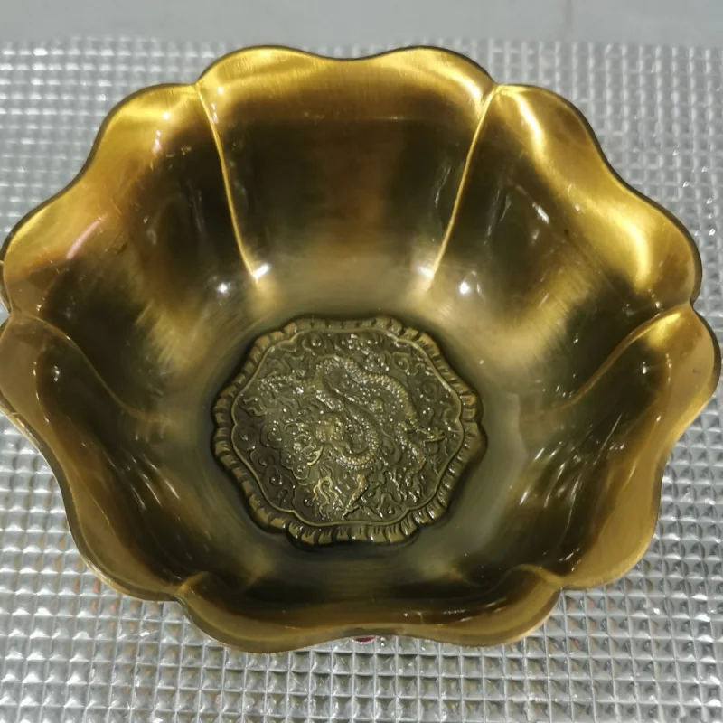 Antique Gilding Bowl Gem Inlaid with Bottom Flower Blooming Rich Golden Dragon Six Sides Gem Bowl Decoration Living Room