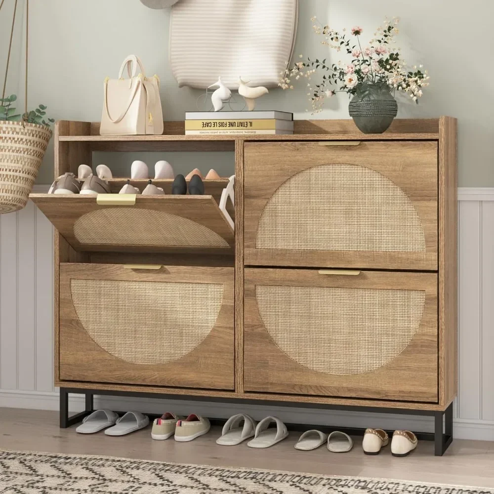 Independent rattan shoe storage cabinet with 4 flip drawers, metal legs, hidden gold handle, narrow shoe rack cabinet