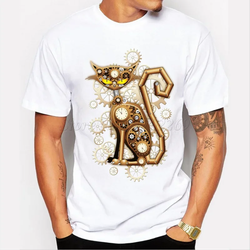 vintage printed men's casual t-shirt male retro design funny tops/tee New arrival steam punk style cat/owl/Chameleon