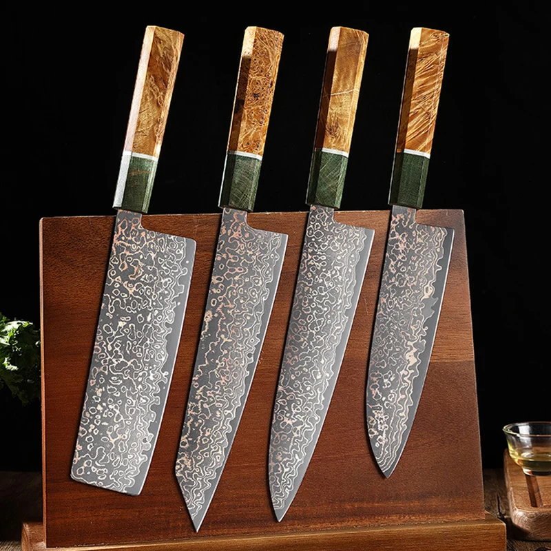 Imagem -06 - Faca de Cutelo de Chef de Aço Damasco Facas de Cozinha Fatiação Afiada Santoku Nakiri Kiritsuke Cobre Tricolor 12cr18mov 37 Camadas