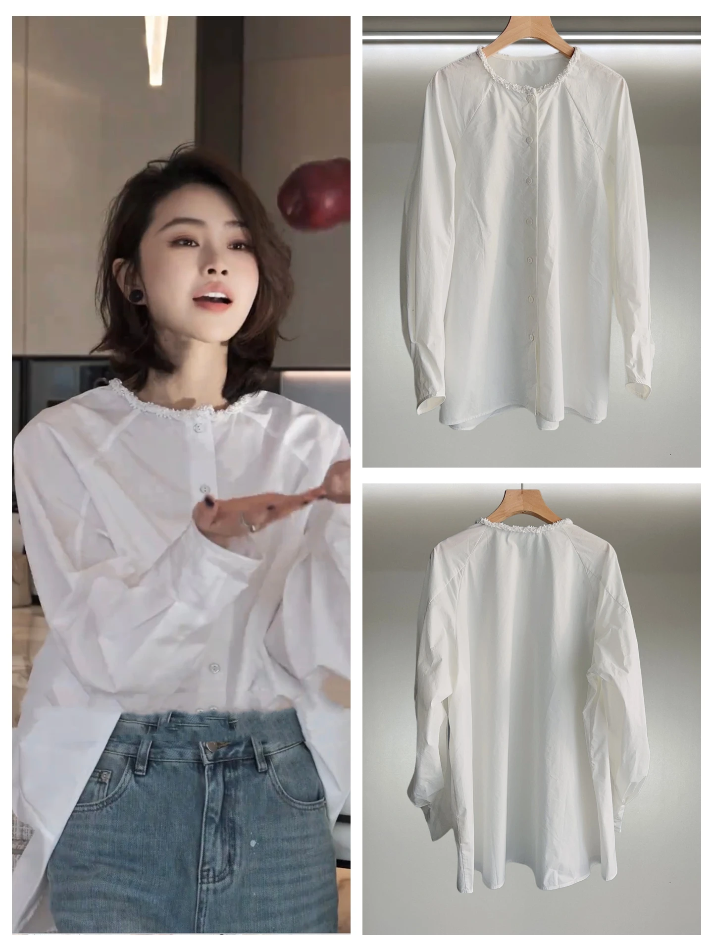 

Elegant Lazy Style Anti-Wrinkle Silk Neckless Shoulder Pad Shirt French Style Embellished Beads Lace Trim Flower Bud Sleeve