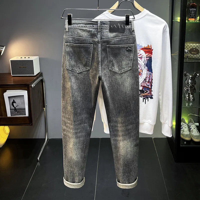 2024 New Gray Jeans Men's Autumn Fashion Design Men's Slim Fit Stretch Washed Make Old Ripped Trendy Denim Pants