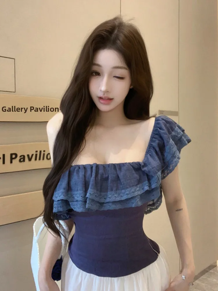 

Elegant Embroidered Double Layer Collar Halter Vest Women's Summer Slimming Fitted Korean Style Commute Fashion plus Size