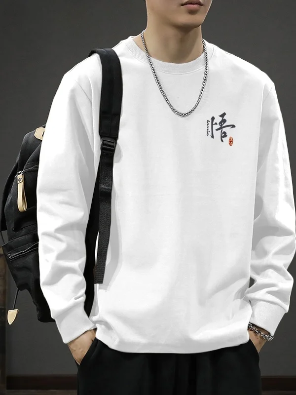 

High Quali Large Size 300 Pou Trendy Brand Pure Cotton Text Print Sweatirt Men's Loose Long Sve T-irt for Autumn