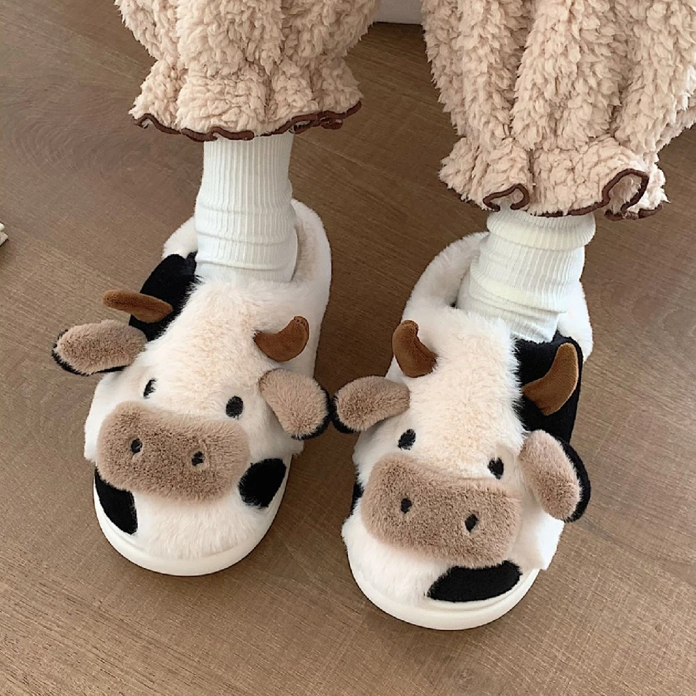 Pallene Cute Furry Slipper For Women Winter Fashion Milk Cow Fluffy Warm Slippers Girls Cartoon Animal Indoor Home Cotton Shoes