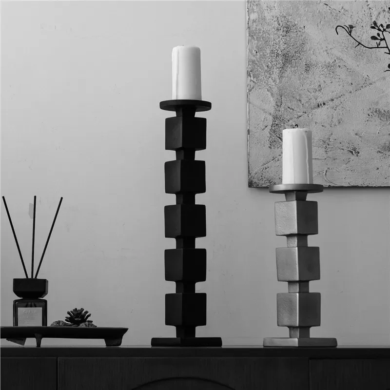 Modern Black Metal Candle Holder Brushed Finish High Quality Table Centerpiece for Living Room Home Decor Ornament Silver