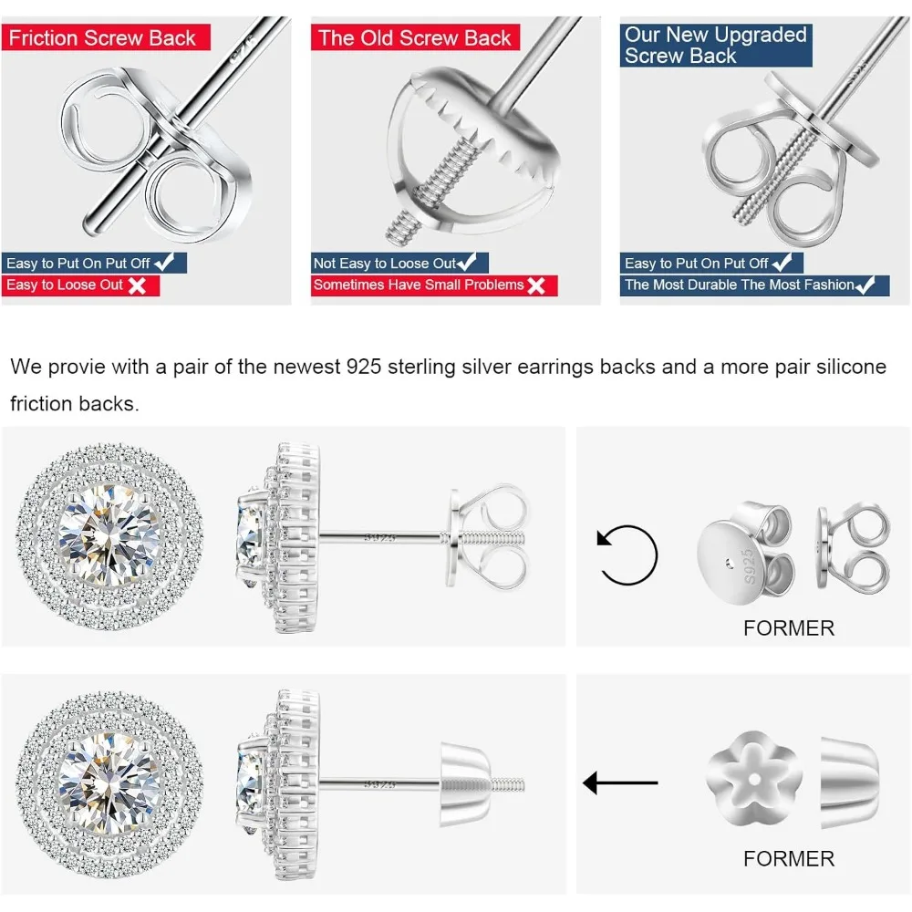 أقراط مويسانيتي مزدوجة على شكل هالة مع ظهر لولبي، فضة استرلينية مطلية بالذهب عيار 18 قيراط، أقراط مويسانيتي كبيرة للنساء #5