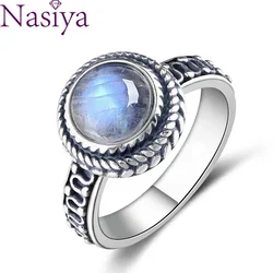 New Fashion 9MM Round Natural Moonstones Rings Women's Silver Jewelry Ring Wholesale High Quality Gifts Vintage Fine Jewelry