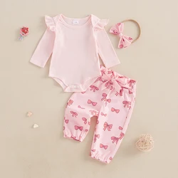 Suefunskry Baby Girls 3Pcs Fall Outfits Long Sleeve Ribbed Solid Color Romper + Bow Print Belt Pants + Headband Cute Set