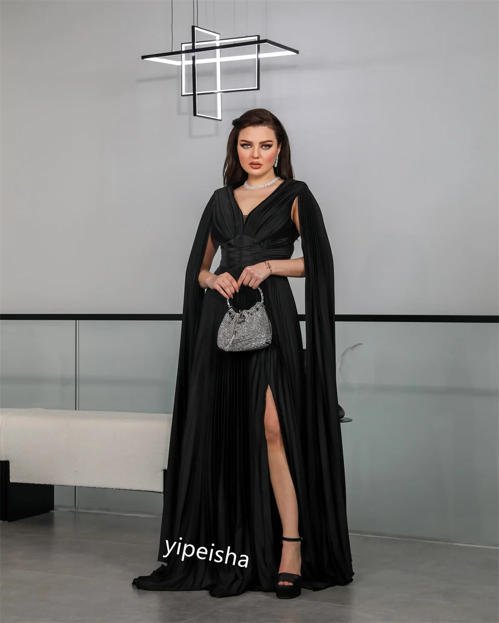 Jiayigong    Satin Draped Birthday A-line V-neck Bespoke Occasion Gown Long es Saudi Arabia  