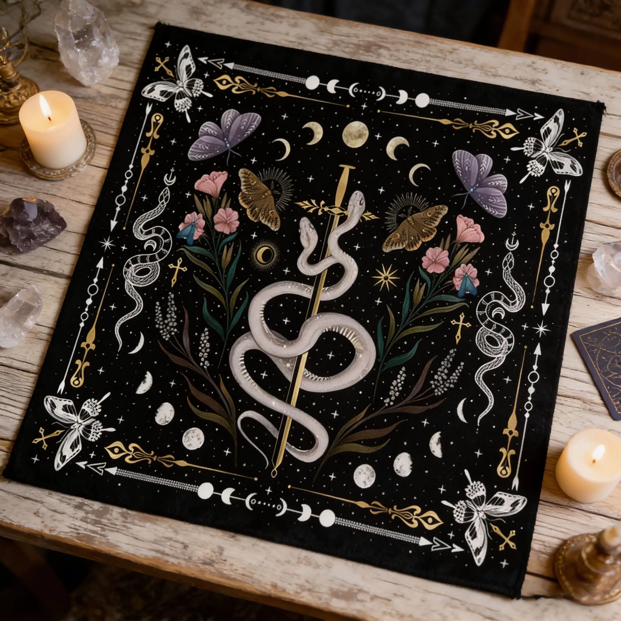 2026 Mondphasen-Schlangen-Tarot-Wandteppich mit himmlischen und floralen Mustern, geeignet für Schlafzimmer und Wohnheim-Wanddekoration