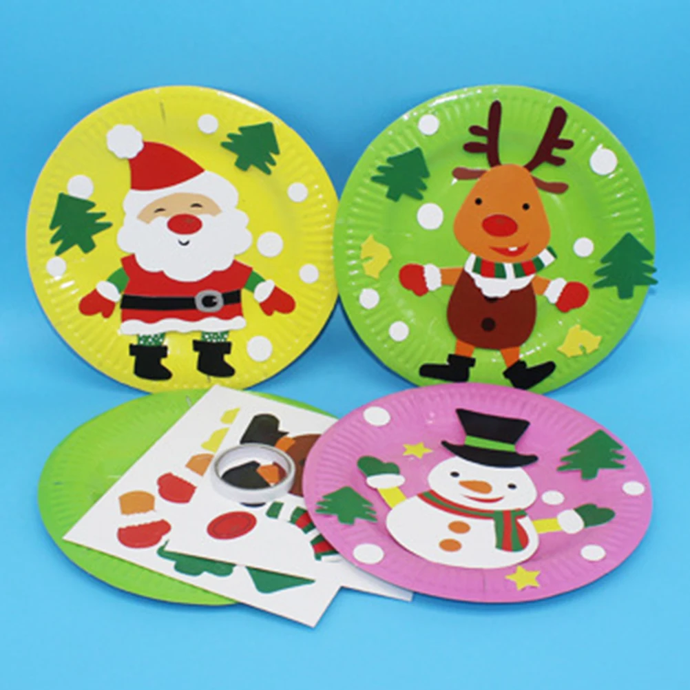 

6pcs Paper Plate Stickers Kids DIY H made Christmas Gifts Tray Painting Toys Cartoon Patterns Bright Colors Art Projects