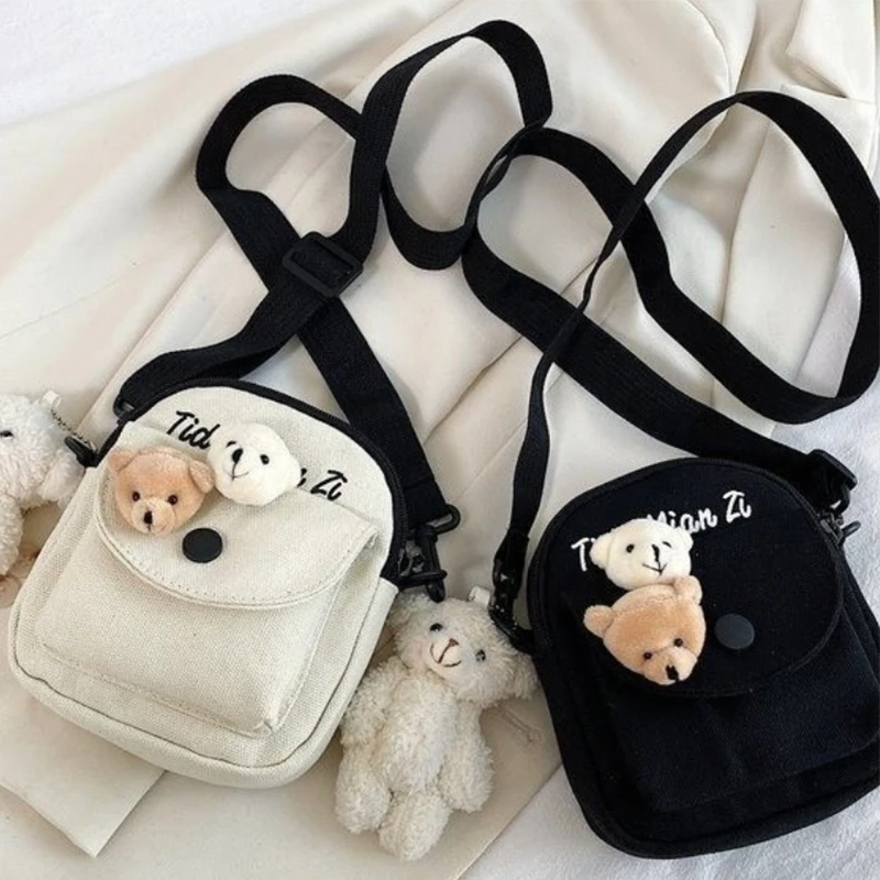 Bags For Women Fashion Mini Shoulder Messenger Bags Female Simple Street Crossbody Canvas Bag Cute Bear Student Small Bucket Bag