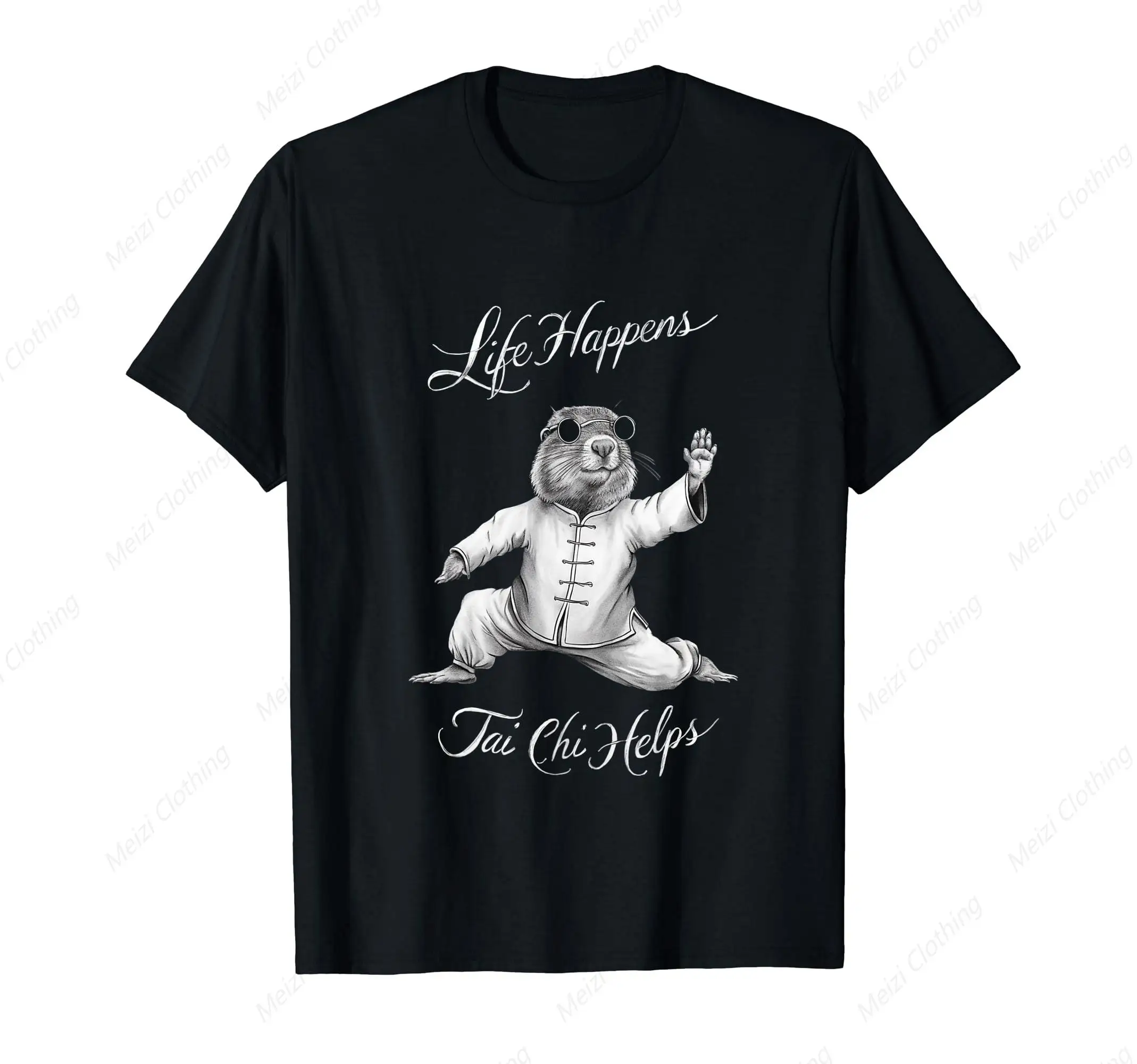 

Life Happens Tai Chi Helps Fun Printed Shirt Yin Yang Tai Chi Groundhog Pattern T-shirt Pure Cotton