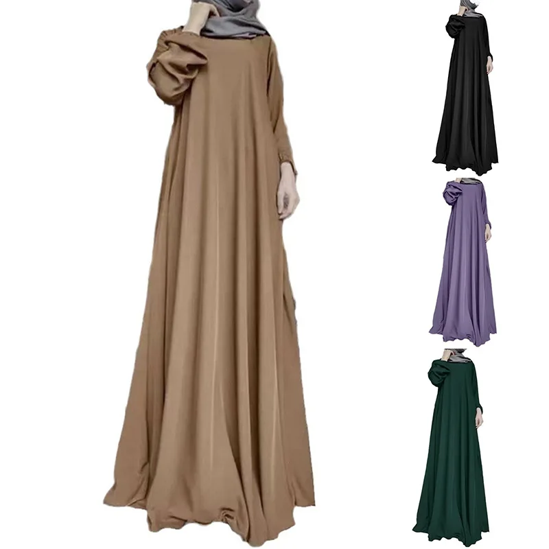 Vintage Loose Satin Puffy Sleeves Dress for Women Solid Muslim Dress Dubai Full Length Abaya Turkey Muslim Kaftan Femme Musulman