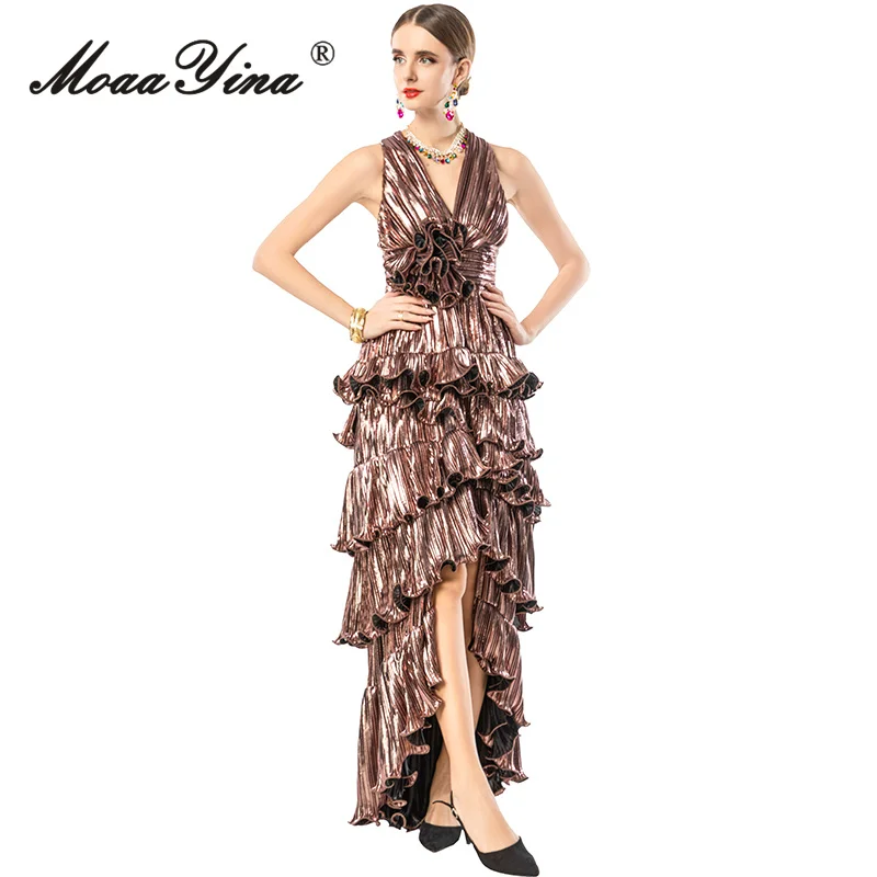 MoaaYina 2026 Spring Women's New Fashionable Light Luxury V-neck Sleeveless Backless Cross Shoulder Strap Waist Long Dress