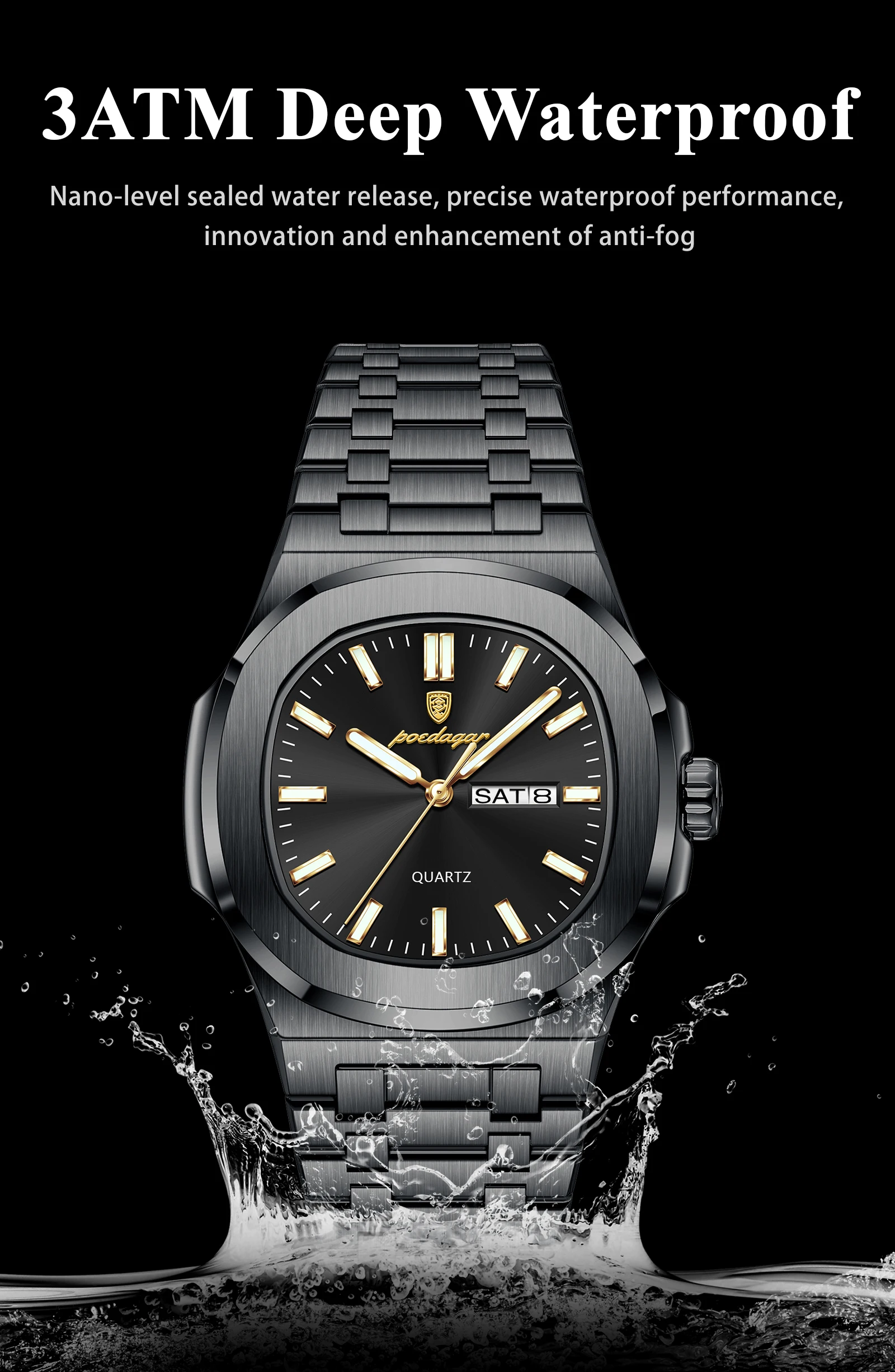 POEDAGAR Luxus Platz herren Uhren Wasserdicht Leucht Datum Woche Männer Uhr Edelstahl Mode Quarz Mann Armbanduhr Reloj – Detail 12