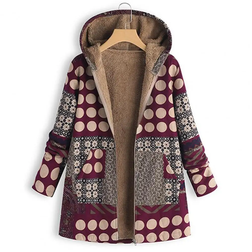 Women Hooded Coat Unique Printing Loose Ladies Coat Vintage Anti-pilling Mid-length Jacket Coat For Winter