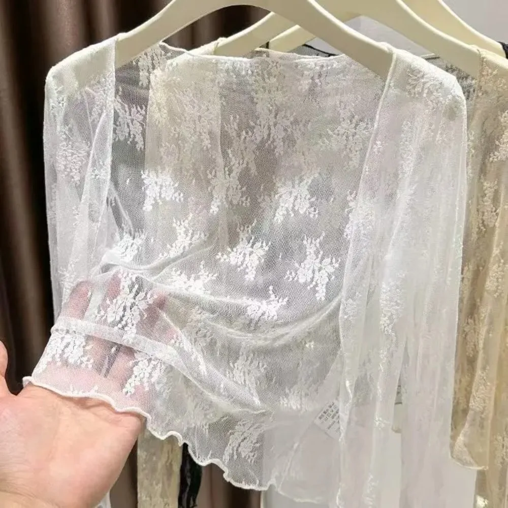 

Casual Long Sleeve Hollow Cardigan Lace Hollow Beach Shirt Lightweight Chiffon Lace Chiffon Shirt Summer Wear