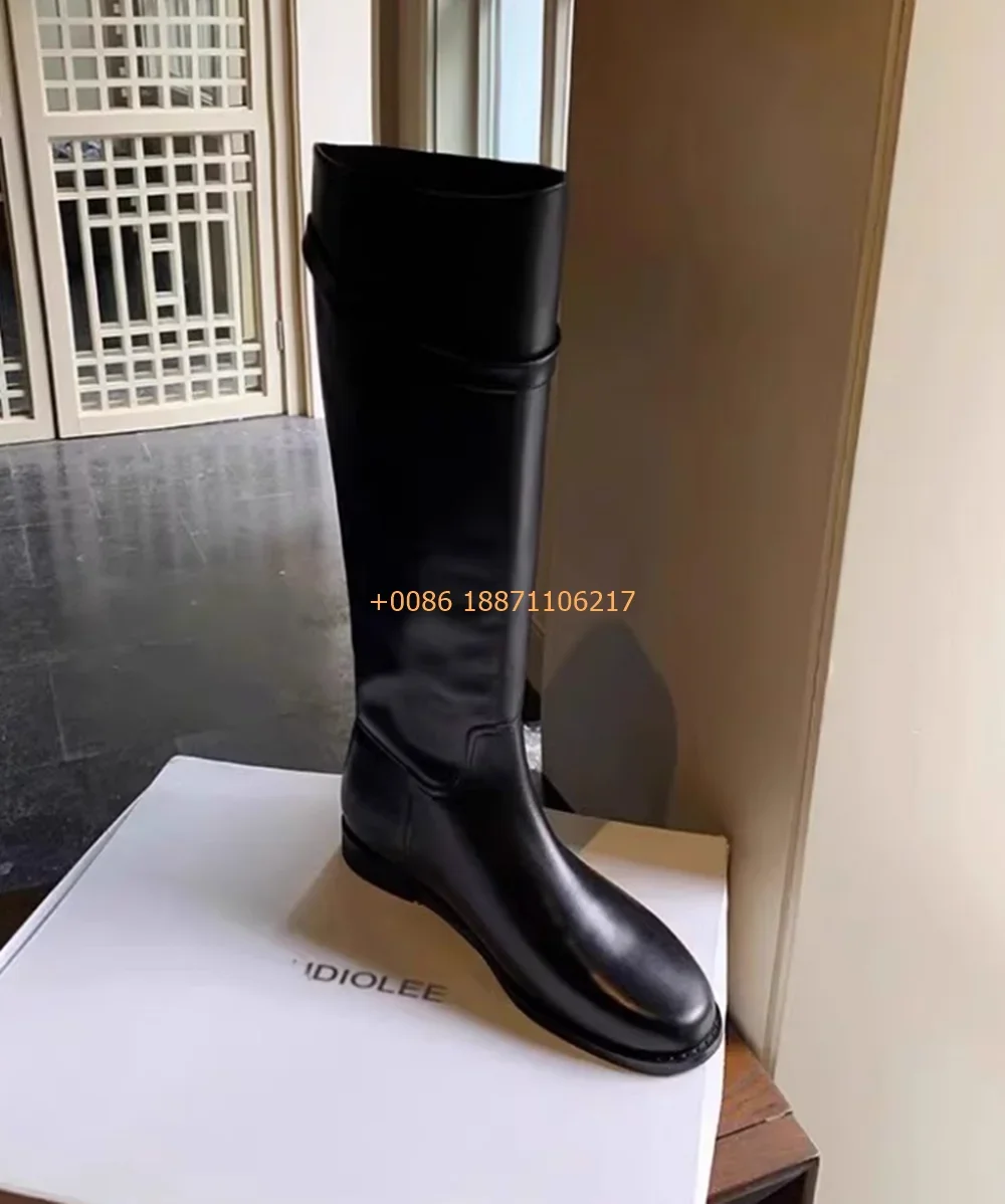 Genuine Leather Knee-High Knight Boots 2024 Autumn Black Fashion Women's Office Casual Boots Round Sexy Thick Heel Leather Boots