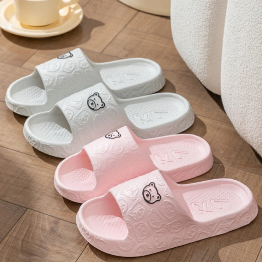 Fashion Cute Printting Bear Women's Slippers Bathroom Non-slip Thick Soft Sole Summer Indoor Comfy Beach Leisure Couple Shoes