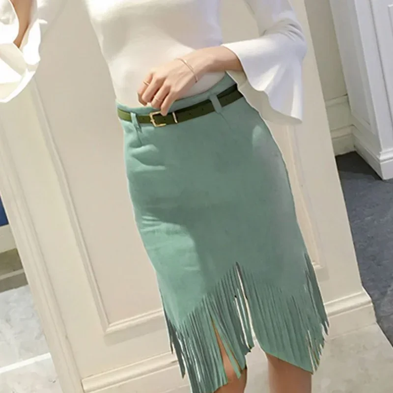 Women\'s Irregular Tassel Skirt High Waist Bodycon Pencil Midi Skirt Office Slim Sexy Suede Skirts For Women Spring Summer C487